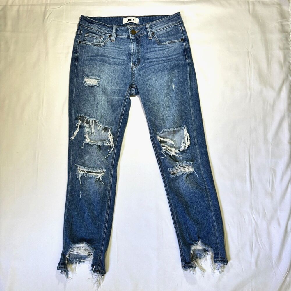 JBD Ripped Distressed Denim Jeans Straight Leg Stretchy Raw Hem Women's Size 25